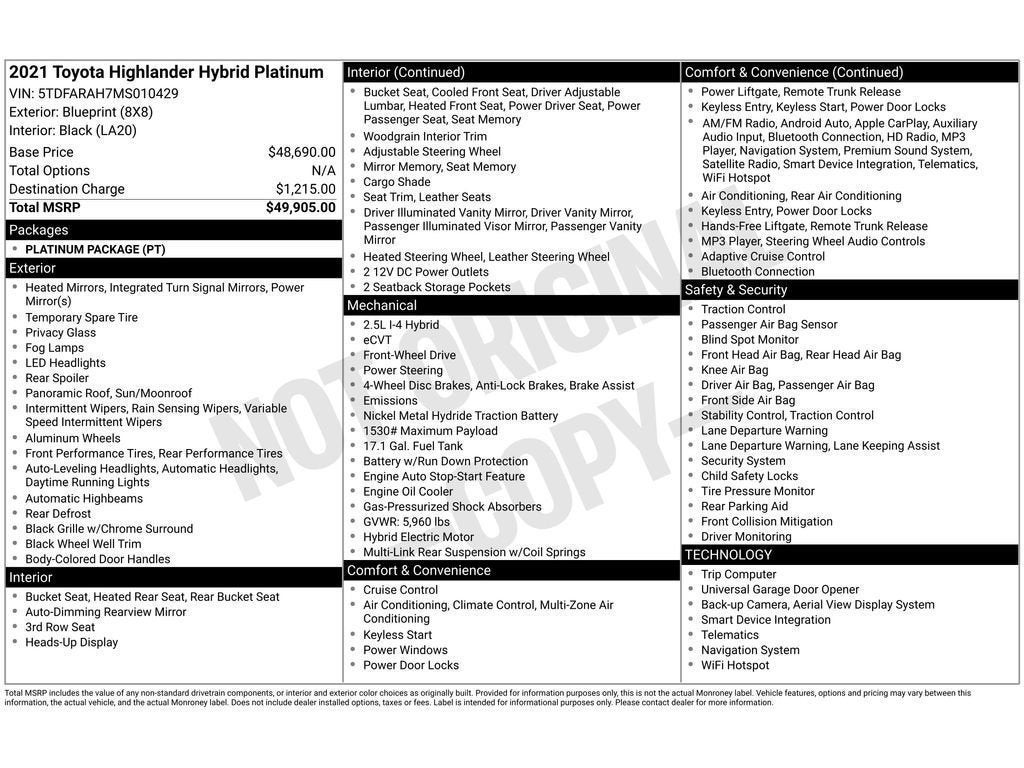 2021 Toyota Highlander Hybrid Hybrid Platinum