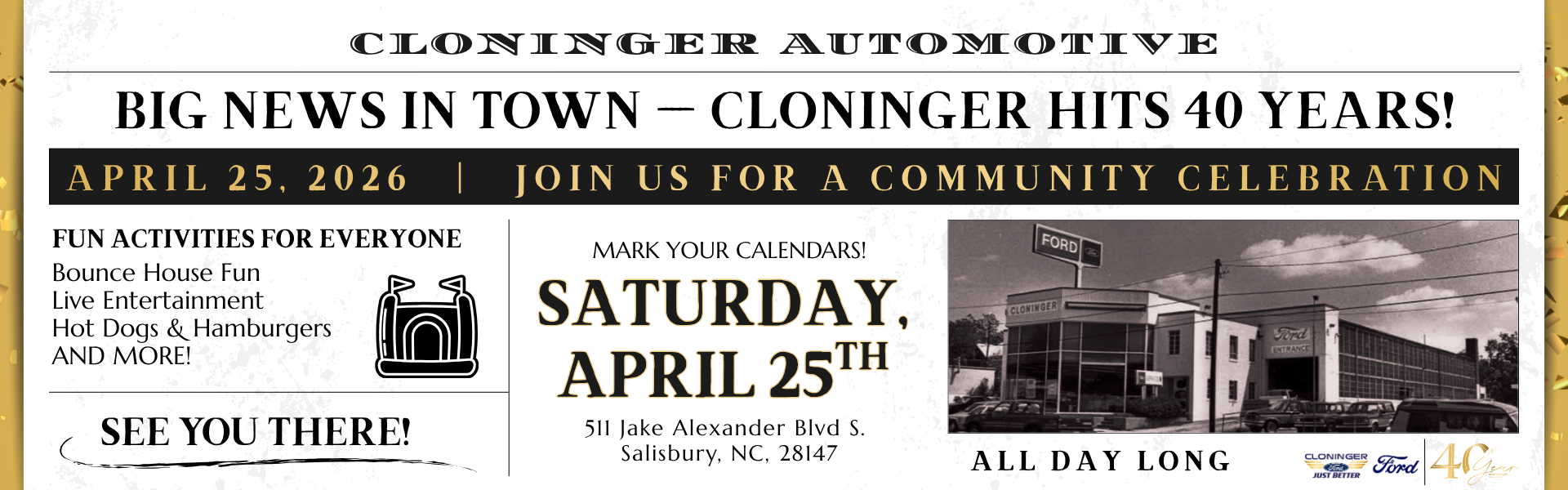 Join us on 4/25 for Cloninger's 40th anniversary celebration