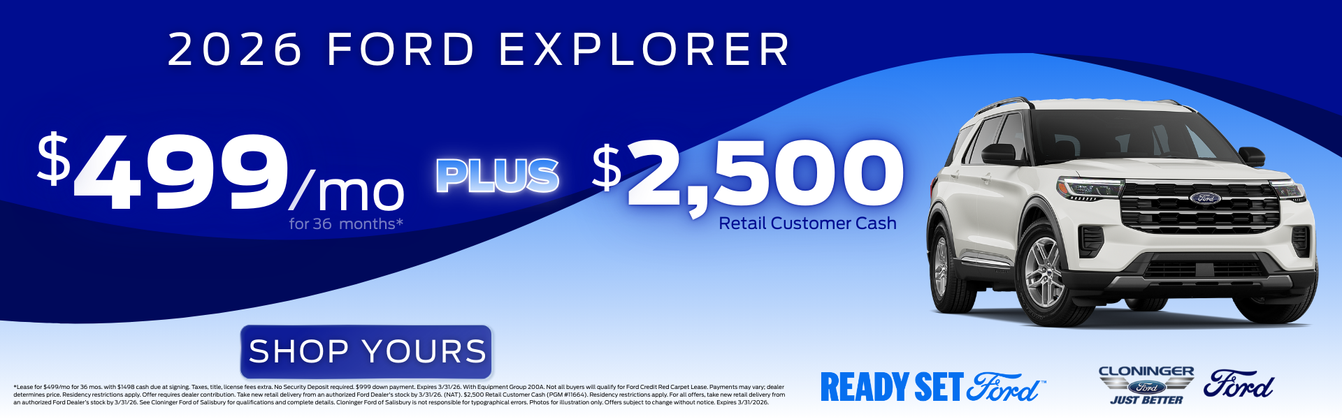 Lease a 2026 Explorer for $499/mo for 36 mos + bonus cash