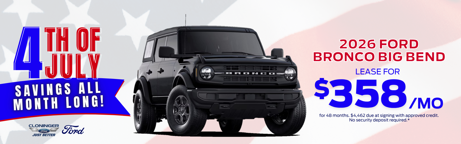 Lease a 2026 Ford Bronco for $358/mo for 48 mos.