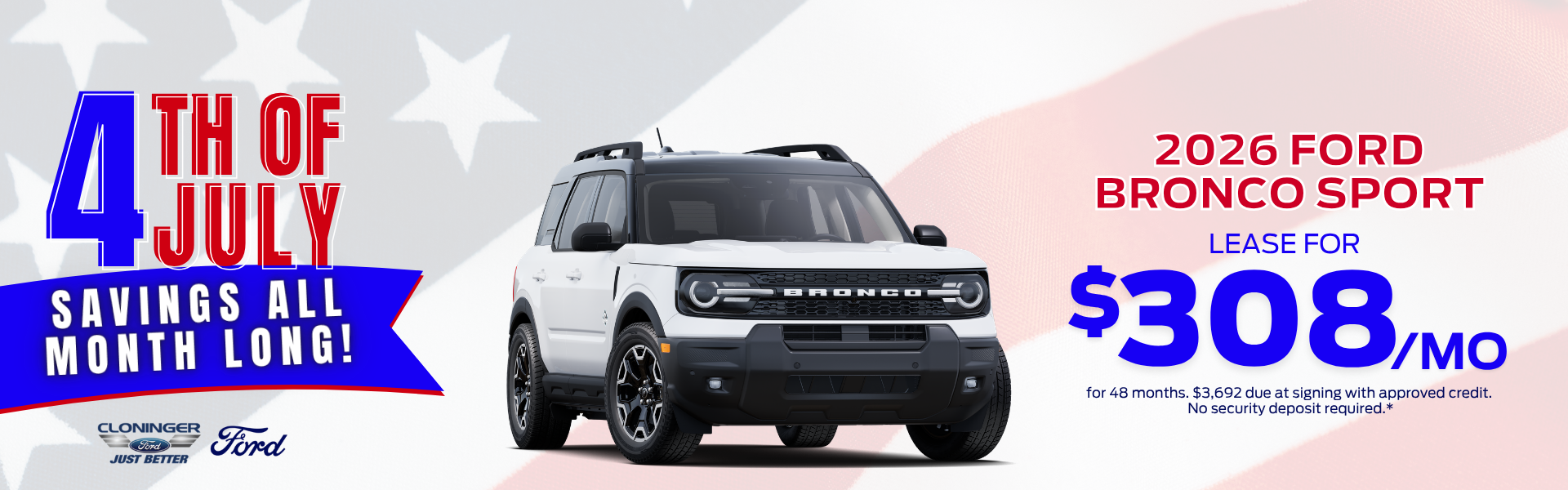 Lease a 2026 Ford Bronco Sport for $308/mo for 48 mos.