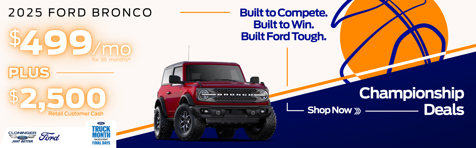 Get $499/mo for 36 mos + bonus cash on a 2025 Bronco