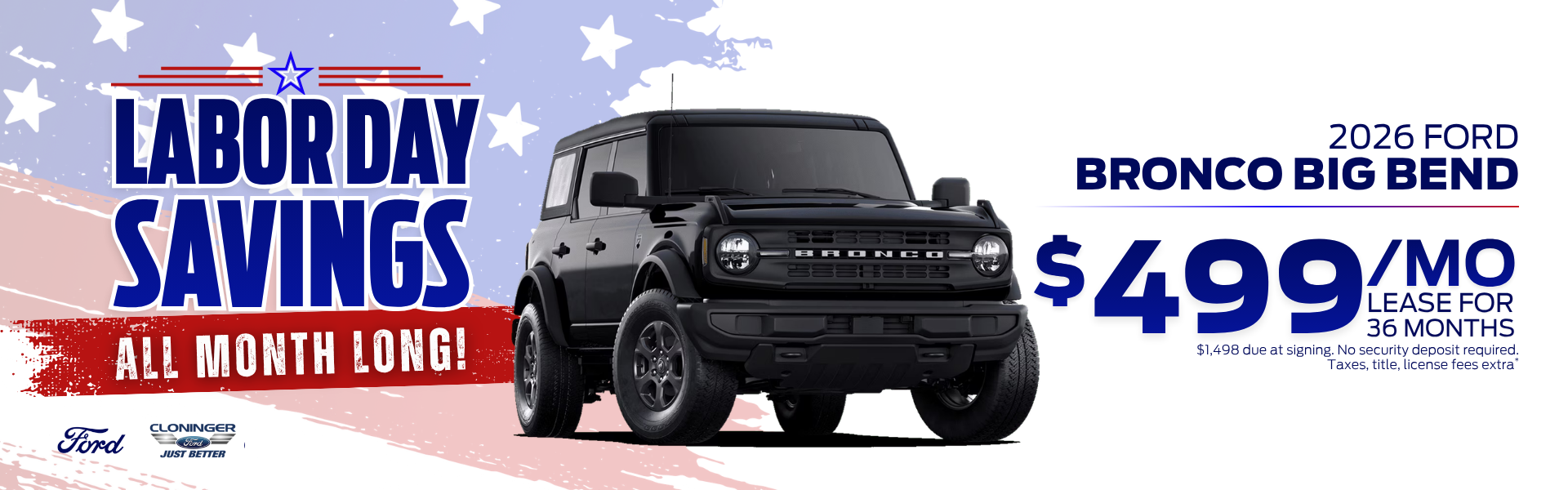 Lease a 2026 Ford Bronco Big Bend for $499/mo for 36 mos.