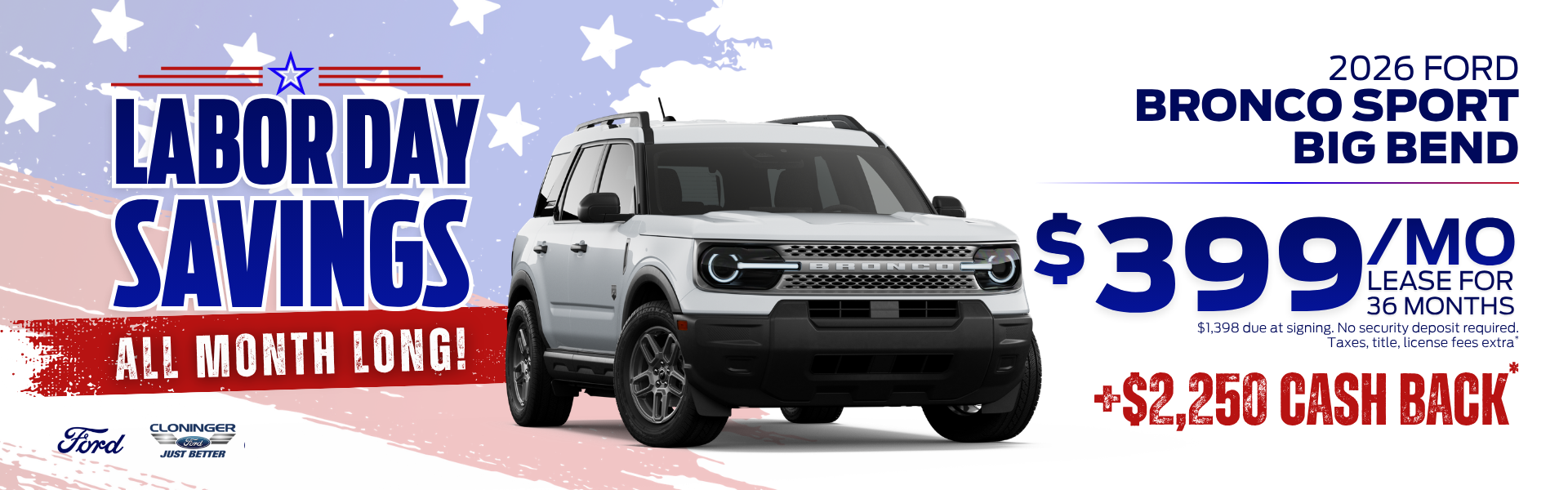 Lease a 2026 Bronco Sport Big Bend for $399/mo for 36 mos.